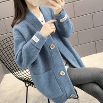 Autumn 2021 new Chenille sweater cardigan womens medium-long outer wear lazy wind womens western-style knitwear