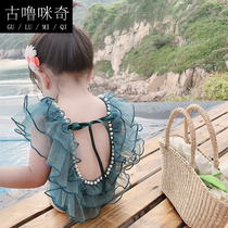 Childrens summer one-piece swimsuit Girls swimsuit Baby beach vacation pearl swimsuit Triangle lace