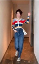 New V-neck colored striped sweater womens short slim body outside Cardigan long sleeve thin sweater early autumn