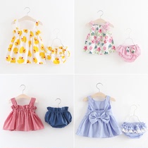 Summer new 0-2-year-old baby female baby sling suit thin floral top bread pants fashion two-piece set