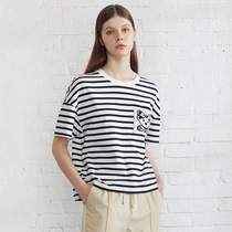 2022 Summer new Korean version loose with lazy wind and small bear striated round collar short sleeve T-shirt woman TTRA222302P