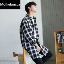 Plaid shirt mens long sleeve cotton 2021 New Coat long Korean trend handsome loose casual lining