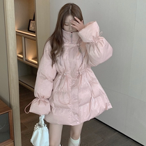  Fashion stand-up collar glossy cotton coat jacket womens winter new mid-length loose drawstring waist long-sleeved cardigan cotton suit