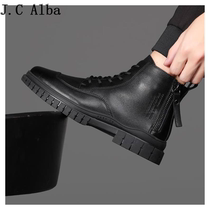 JC Alba Yuppie Handsome art ~ Martin Boot Mens Inn Wind High Help Leather Leather Boots for short boots Summer 100 hitch boot