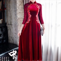 2020 winter wine red thickened embroidered large pendulum embroidered gold velvet dress wedding wedding wedding mother dress female