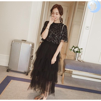  Large size womens fat mm2020 spring new foreign style t-shirt womens mesh cake skirt age reduction suit