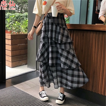 2021 new flower cake dresses female spring irregular plaid half body dress with long lotus leaf edge splicing a word dress