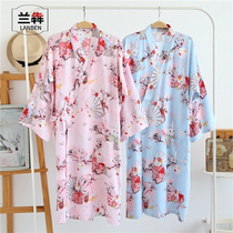 Lanben Summer Cotton Lady Nightdress Japanese thin kimono very flat long pajamas nightgown cotton silk home wear sweat