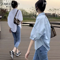 Middle sleeve slim fit white shirt woman in summer fit 2022 Summer new loose Conspico Slim cotton lining casual cardiovert