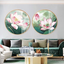 Lotus round frame modern decorative painting living room creative round new Chinese Crystal porcelain painting light luxury mural Lotus hanging painting