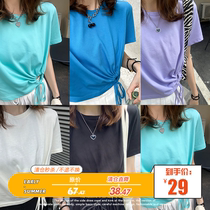 Seven4lee Shengxia aperture black drawing rope t-shirt female summer design feeling small crowdsourced short and open-navel blouse right shoulder