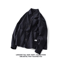 Japanese retro tooling black stripes casual spring and autumn men and women loose tide long sleeve lapel shirt