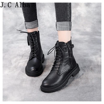 Leather short boots Martin boots womens winter British style single boots all-match black side zipper slimming square heel motorcycle boots
