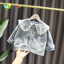 Girls denim jacket spring and autumn 2021 new childrens Korean spring female baby loose western style lace top