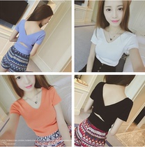 Summer women's Korean high waist short back cross short sleeve knitted bottoming shirt Korean slim slim T-shirt women