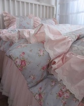 South Korea imported blue-green small floral rose flowers lotus leaf lace ruffled pink gauze four-piece bedding