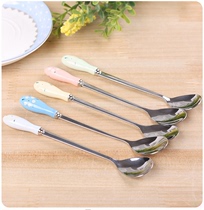 zakka cartoon color ceramic handle stainless steel coffee short spoon small floral short spoon spoon mixing spoon