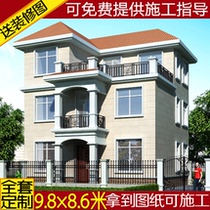 Two-story and half-frame Villa drawings design renderings Rural three-story self-built houses 9 8 × 8 6 meters