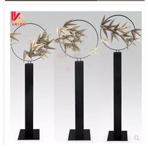 Creative metal floor ornaments round bamboo leaf sales office large art with base Iron bronze plants