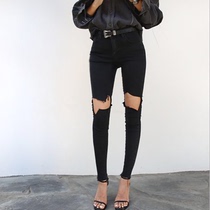 Korean version High waist elastic tight body slim black knee Broken Cave Jeans Woman slim fit pants Beggar Pants Fall