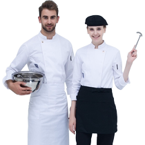 Pure white cotton chefs clothing long sleeve mens autumn and winter clothes thick French button high-end chefs clothing copper button blue kitchen