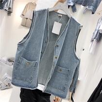 2022 Spring and Autumn Big Code 200 catty Sister Cowboy jacket Female waistcoat Waistcoat Fashion Spicy Mother Tide Summer