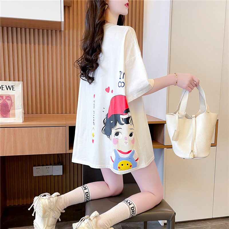 Summer dress large size and weight sister mm short sleeve t-shirt female blouse with loose gestation in fashion cover with a long version of cute