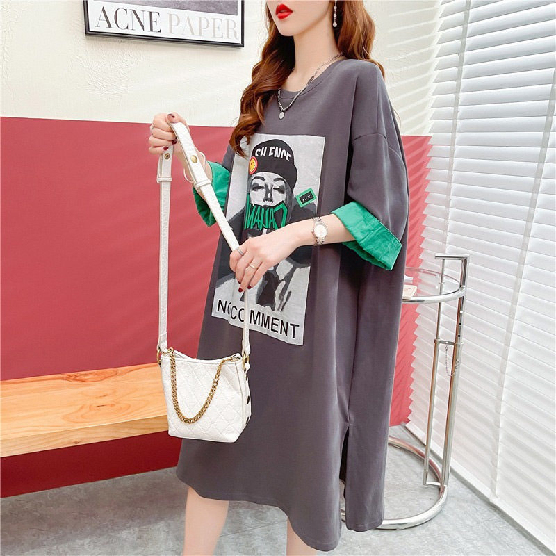 Summer large size 200 catty sister mm short sleeve t-shirt female blouse Loose Pregnancy Woman dress Fashion medium long version of the dress
