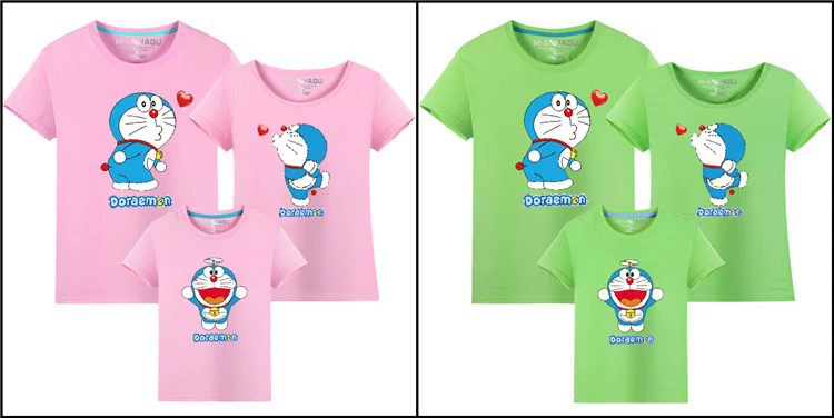 Mùa hè cha mẹ con tròn cotton đôi áo thun ngắn tay máy mèo áo sơ mi nam và nữ quần áo trẻ em màu xanh đỏ xanh đen