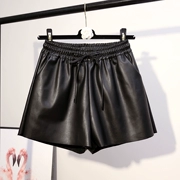Mùa thu 2018 mới của Hàn Quốc phiên bản đen mặc quần short da PU thun lưng thun rộng Một chiếc quần ống rộng cho nữ