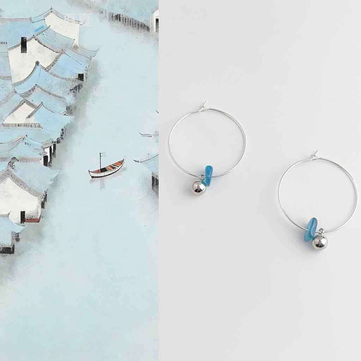 Xia Xiaの「Azure Fragments」天然アパタイトビーズイヤリング - レトロ、アーティスティック、ニッチ、クールスタイルのサークルイヤリング