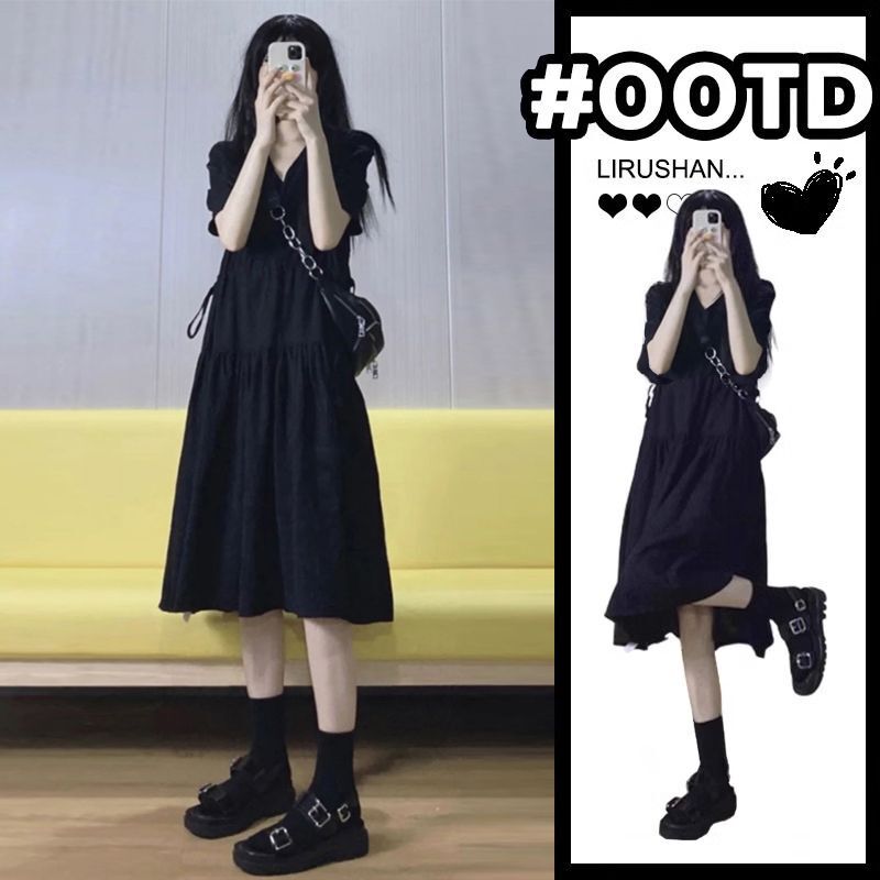 Maternity Dress Summer Hepburn Style Elegant Loose V-Neck Tummy-Concealing Slimming Short-Sleeve Maternity Little Black Dress Trendy