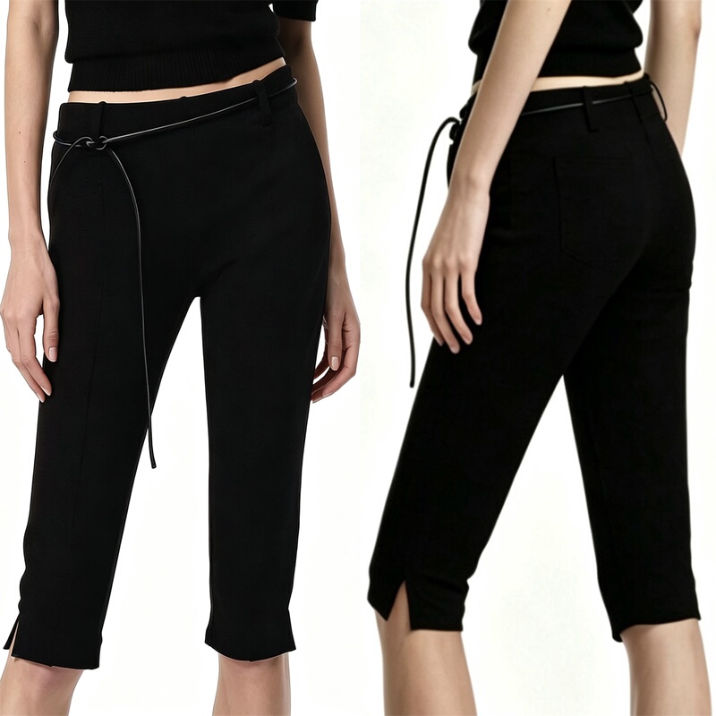 In-Stock Capri Pants, Mid-Waist, Elastic, Slimming, Fitted, Cropped Pants with Slit, Black Casual Pants