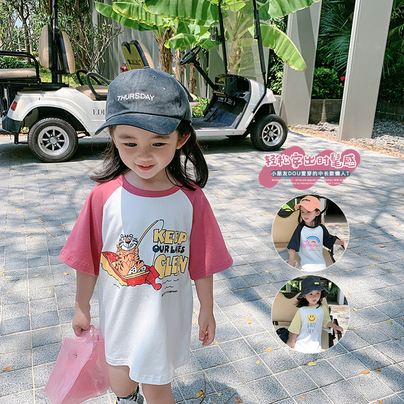 Yangmeijia children's clothing 2022 summer clothing new girls cartoon printing T-shirt short-sleeved top female baby mid-length T-shirt