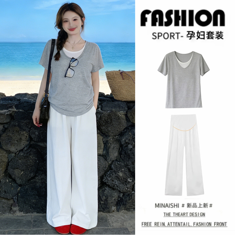 Maternity Outfit for Summer: a Complete Set of Short-Sleeved T-Shirt + Wide-Leg Pants, Stylish and Trendy Maternity Top for a Youthful Look