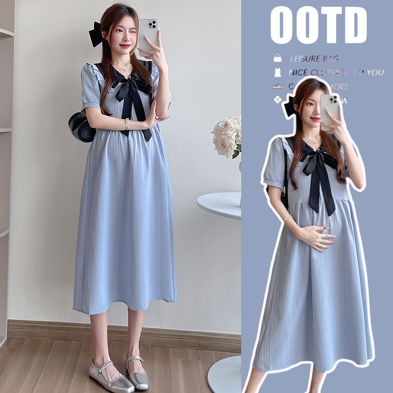Maternity Wear Summer Dress 2025 New Style Slimming Belly-Covering Pregnancy Outfit Doll Collar Bow Skirt Mid-Length