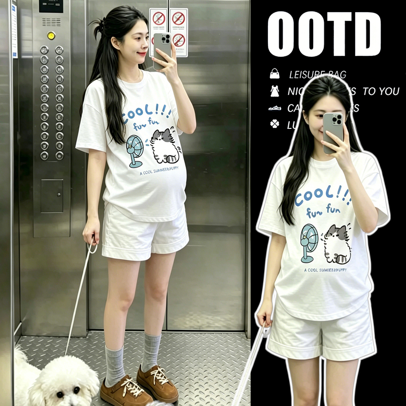 Maternity Tops, Summer Wear, Pure Cotton T-Shirt + Shorts Set, Stylish and Trendy, Covers the Belly Without Showing Pregnancy, Short-Sleeved Fashion Outfit