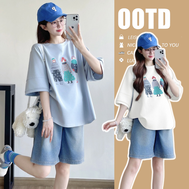 Maternity Tops, Summer Short-Sleeved T-Shirts + Denim Shorts Set, Stylish Outfits That Cover the Belly and Don'T Show Pregnancy, Trendy Outfits for Pregnant Moms