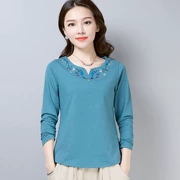 Áo thun cotton nữ dài tay rộng rãi 2019 đầu xuân mới trung niên mẹ chất liệu áo thun dáng rộng cỡ đáy thủy triều