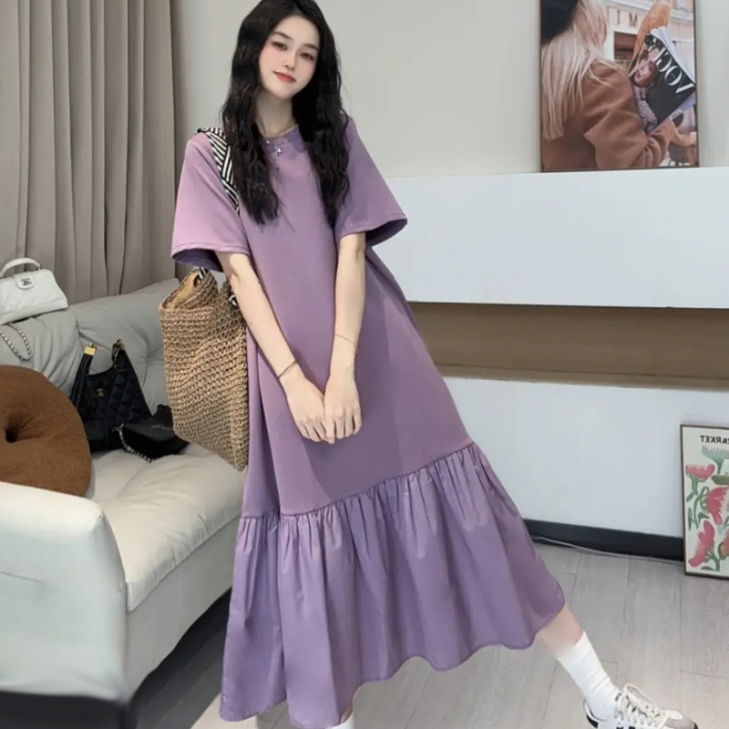 Summer New Loose-Fitting Slimming Pocket Dress with a Stylish Casual Design, Patchwork Mid-Length Dress, T-Shirt Dress