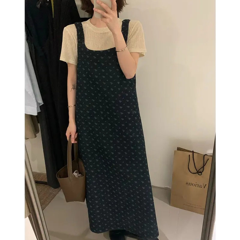Summer New Korean Style Round Neck Top + Retro Loose Suspender Skirt Elegant Two-Piece Set Plus Size Women's Slimming Outfit