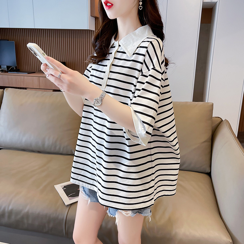 Summer Maternity Belly-Covering Polo Collar Striped Shirt Top for Women ins Internet Celebrity Fashion Loose and Versatile Short-Sleeved T-Shirt for Women