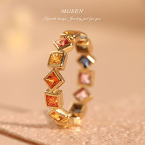 Mosen Mosen jewelry geometric rainbow ring 18K gold inlaid color sapphire female niche light Luxury customization