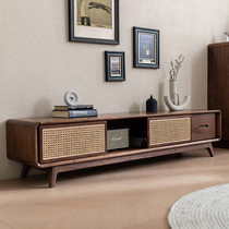 North American black walnut rattan TV cabinet living room log retro whole floor low cabinet modern minimalist locker