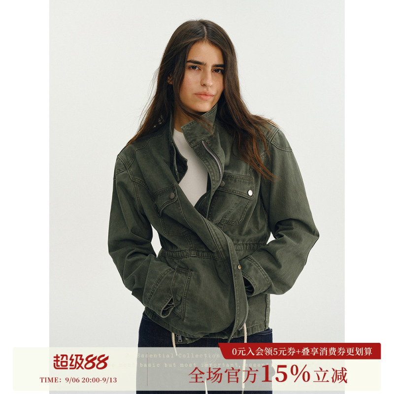 Who Peach 100% Cotton Vintage Stand Collar Short Jacket Women's Drawstring Khaki Jacket Multi-Pocket Green Top 2026 Autumn