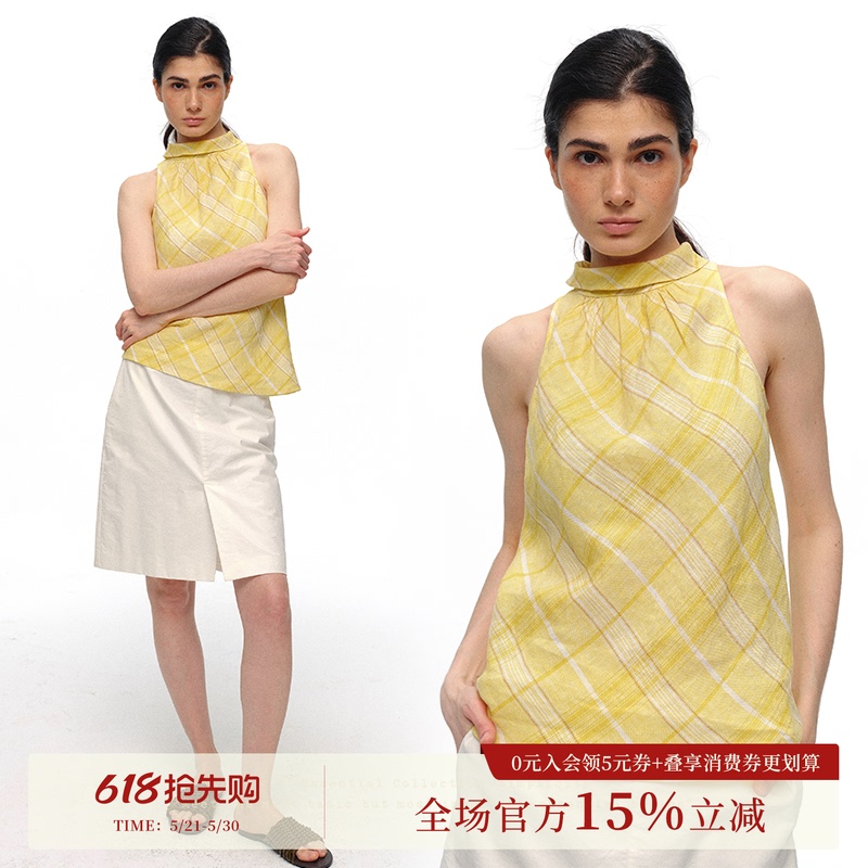 Who Peach 100% Linen Yellow Plaid Halter Neck Sleeveless Top for Women, Loose Fit, Slimming, Versatile, New Summer Style Who Peach 100% Linen Yellow Plaid Halter Neck Sleeveless Top for Women, Loose Fit, Slimming, Versatile, New Summer Style