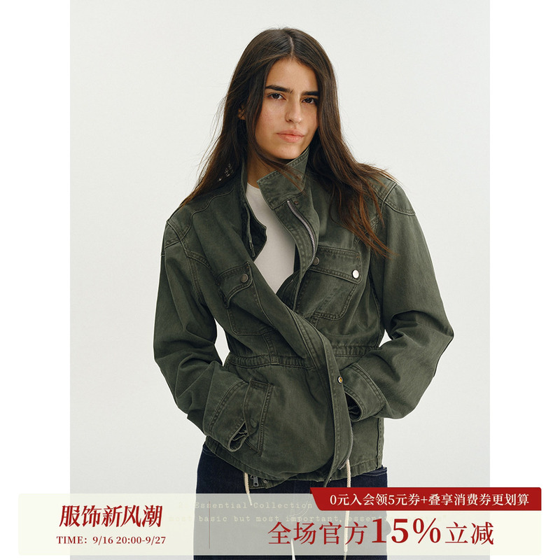 Who Peach 100% Cotton Vintage Stand Collar Short Jacket Women's Drawstring Khaki Jacket Multi-Pocket Green Top 2026 Autumn Who Peach 100% Cotton Vintage Stand Collar Short Jacket Women's Drawstring Khaki Jacket Multi-Pocket Green Top 2026 Autumn