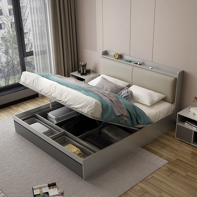 Modern minimalist air pressure high box storage bed Nordic bedroom 1 5m tatami bed Master bedroom floor-to-ceiling double bed