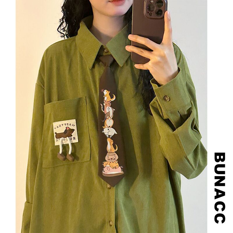 Bunacc2026 Spring American Retro Cartoon Style Corduroy Tie Shirt for Men and Women Loose Long-Sleeved Tops Trendy
