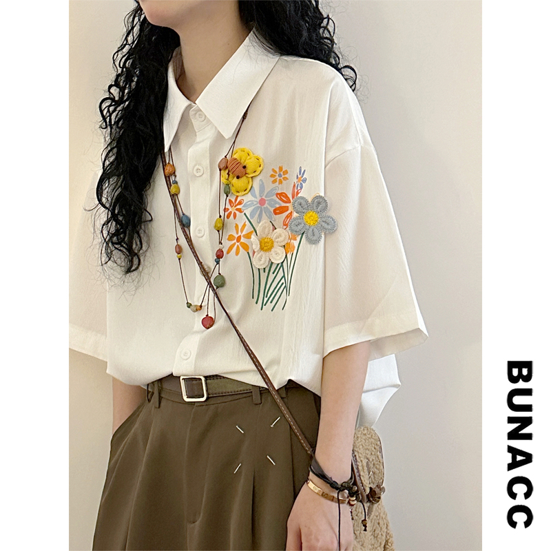 Bunacc2026 Summer American Retro Embroidered Three-Dimensional Floral Shirt for Women, Short-Sleeved Loose Polo Collar Top Trendy